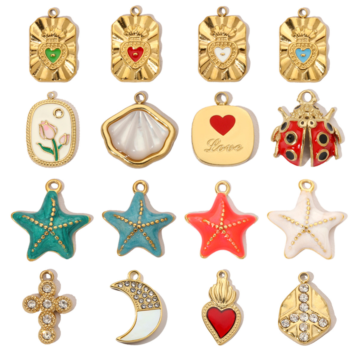 6pcs/pack  Trendy High Polish Stainless Steel Shell Starfish Charms Heart Moon Enamel Necklace DIY Small Pendant Wholesale