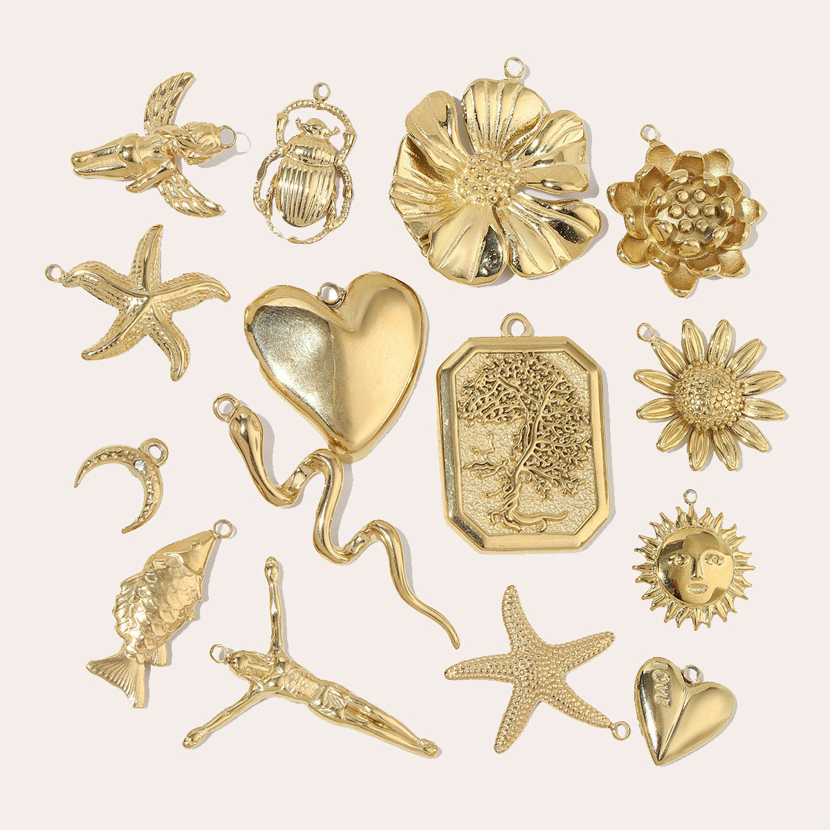 6pcs/pack Trendy Gold Color High Polish Stainless Steel God Cross Angel Charms Snake Spider Necklace DIY Small Pendant Wholesale