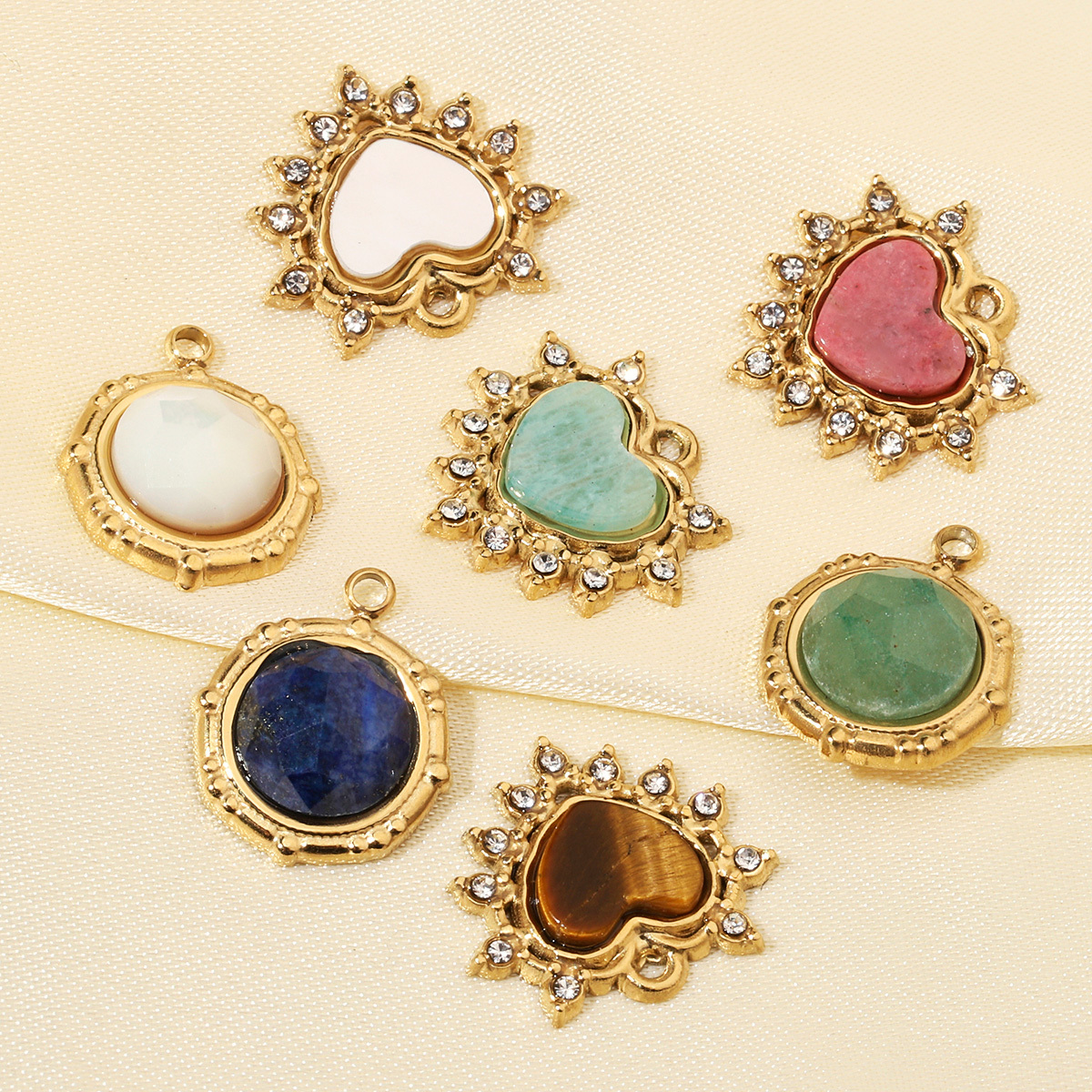 6pcs/pack High Polish Love Sun Natural Stone Stainless Steel Charms 14k Gold Color White Shell Tiger Necklace DIY Jewelry Finding