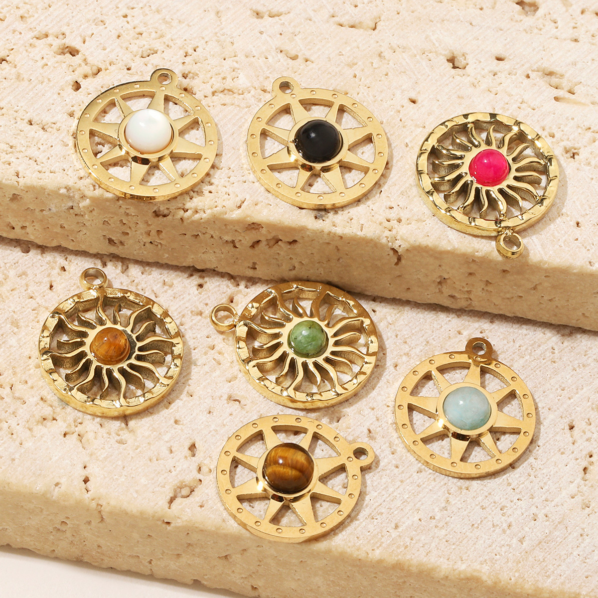 6pcs/pack High Polish Love Sun Natural Stone Stainless Steel Charms 14k Gold Color White Shell Tiger Necklace DIY Jewelry Finding