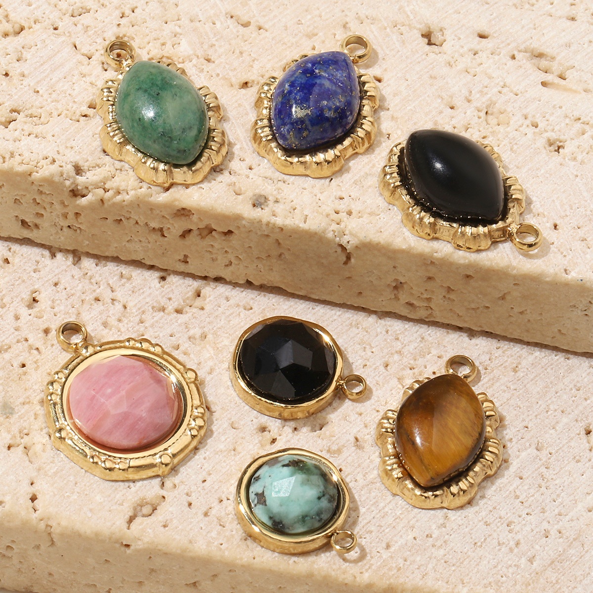 6pcs/pack High Polish Love Sun Natural Stone Stainless Steel Charms 14k Gold Color White Shell Tiger Necklace DIY Jewelry Finding