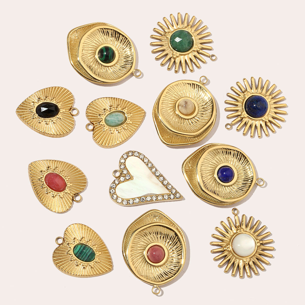 6pcs/pack High Polish French Retro Love Shell Stainless Steel Charms 14k Gold Color Red Agate Necklace DIY Jewelry Accessories