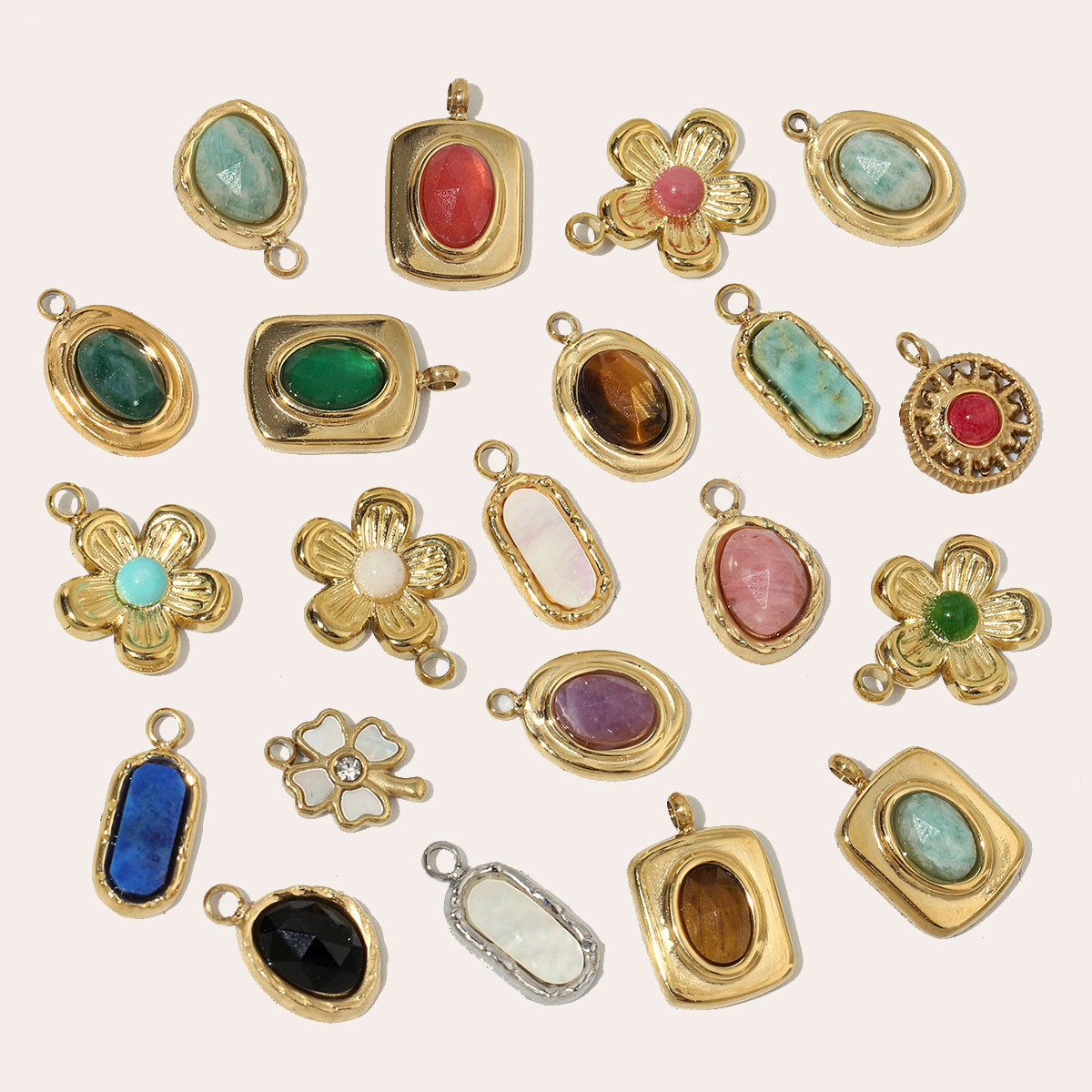 6pcs/pack French Retro 14k Gold Color Flower Geometric Nature Stone Stainless Steel Charms Clover Necklace DIY Jewelry Pendant