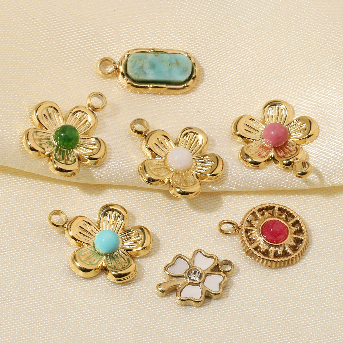 6pcs/pack French Retro 14k Gold Color Flower Geometric Nature Stone Stainless Steel Charms Clover Necklace DIY Jewelry Pendant