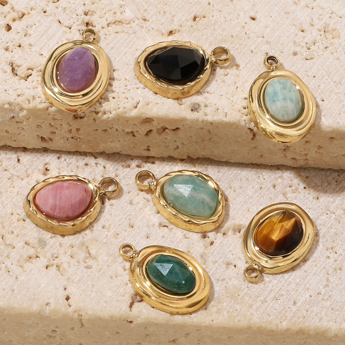 6pcs/pack French Retro 14k Gold Color Flower Geometric Nature Stone Stainless Steel Charms Clover Necklace DIY Jewelry Pendant