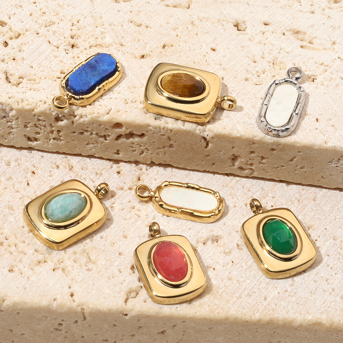 6pcs/pack French Retro 14k Gold Color Flower Geometric Nature Stone Stainless Steel Charms Clover Necklace DIY Jewelry Pendant