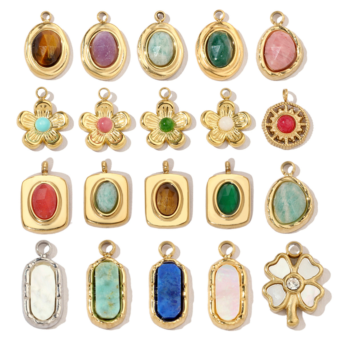 6pcs/pack French Retro 14k Gold Color Flower Geometric Nature Stone Stainless Steel Charms Clover Necklace DIY Jewelry Pendant