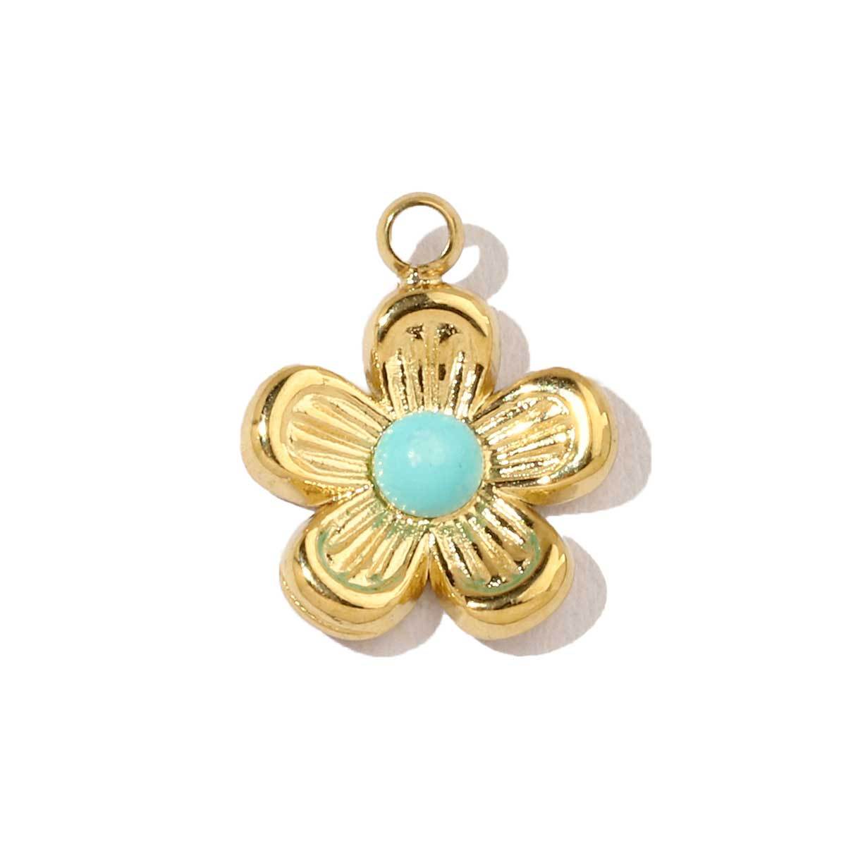 6pcs/pack French Retro 14k Gold Color Flower Geometric Nature Stone Stainless Steel Charms Clover Necklace DIY Jewelry Pendant
