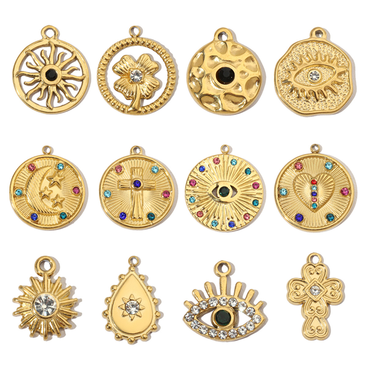 6pcs/pack Evil Eye Love French Retro Stainless Steel Charms Women's Clover Jewelry Necklace DIY Small Pendant Wholesale