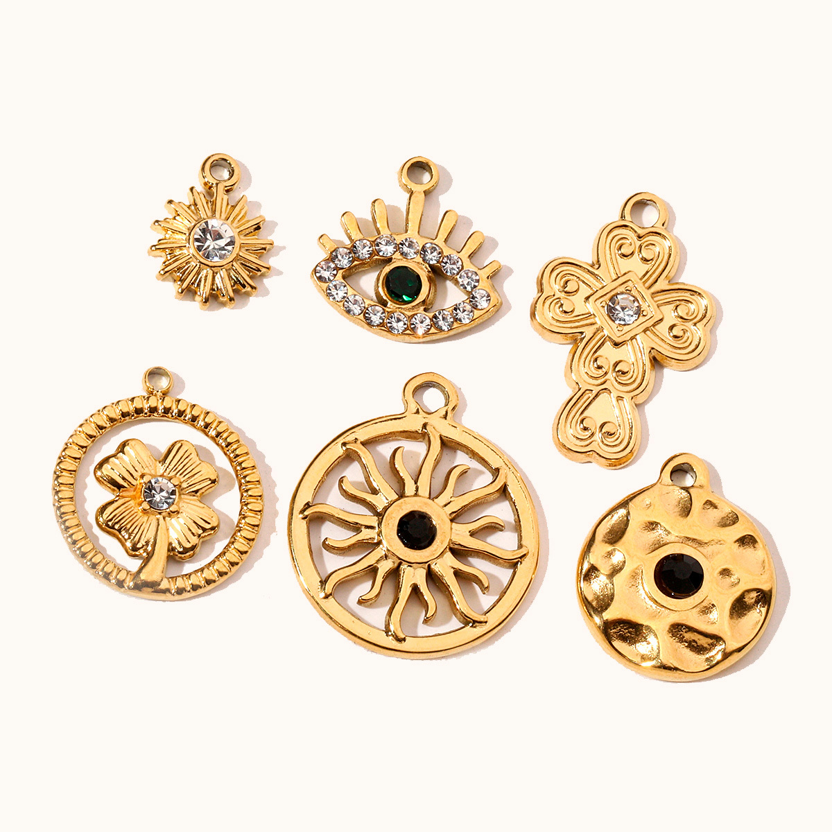 6pcs/pack Evil Eye Love French Retro Stainless Steel Charms Women's Clover Jewelry Necklace DIY Small Pendant Wholesale