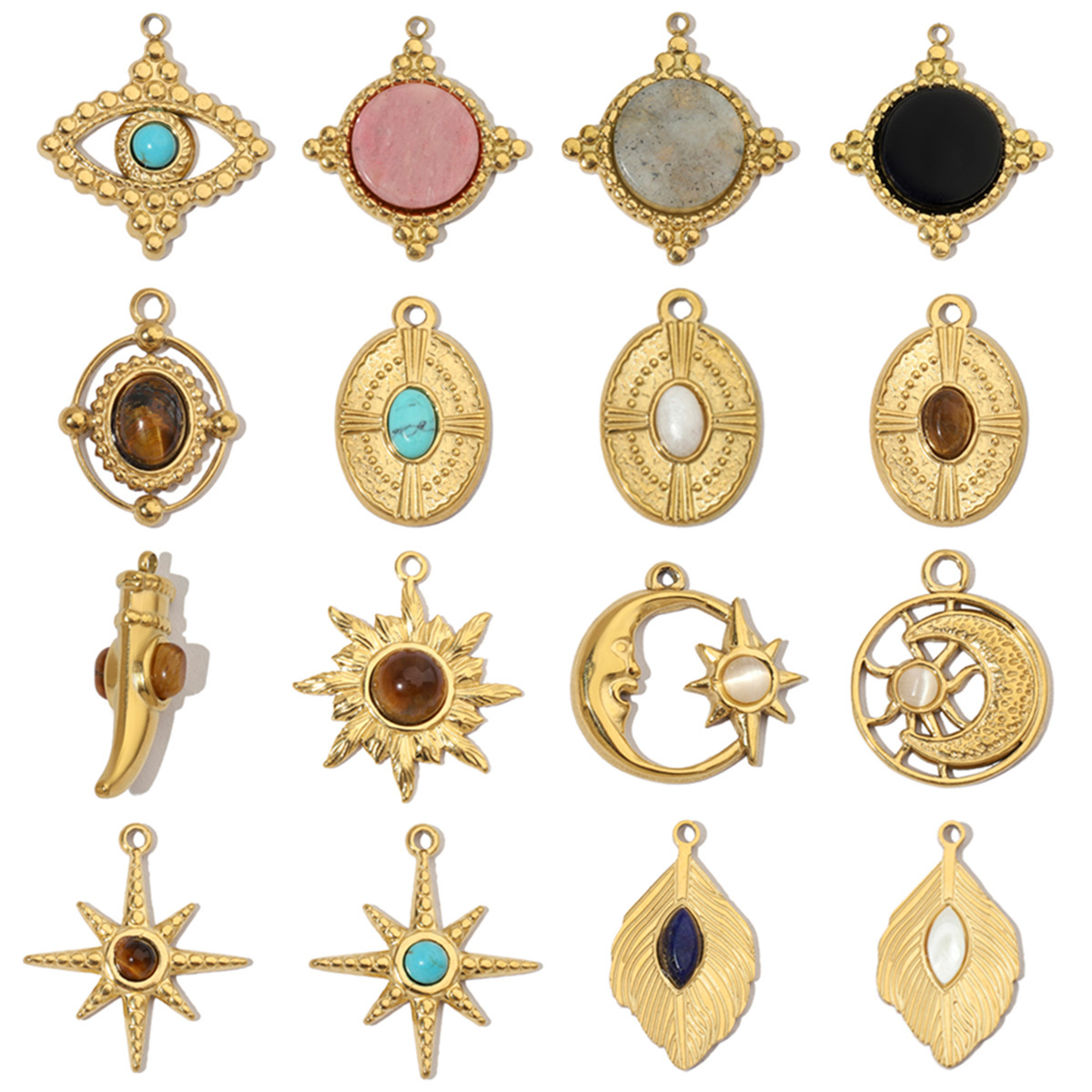 6pcs/pack Sun Star DIY Charms Women's Natural Stone Eye Necklace Pendant Stainless Steel 14K Gold Color DIY Charm Jewelry