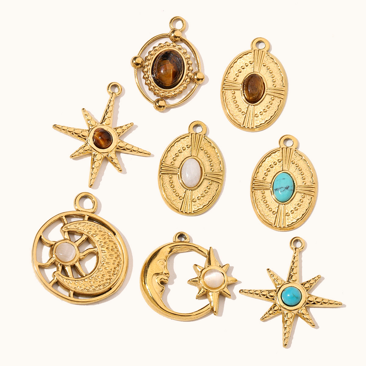 6pcs/pack Sun Star DIY Charms Women's Natural Stone Eye Necklace Pendant Stainless Steel 14K Gold Color DIY Charm Jewelry