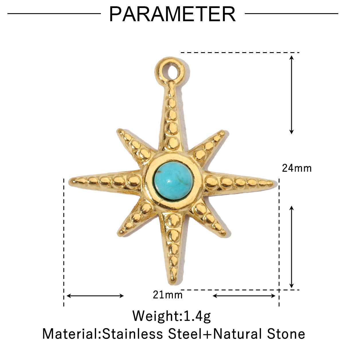 6pcs/pack Sun Star DIY Charms Women's Natural Stone Eye Necklace Pendant Stainless Steel 14K Gold Plated DIY Charm Jewelry