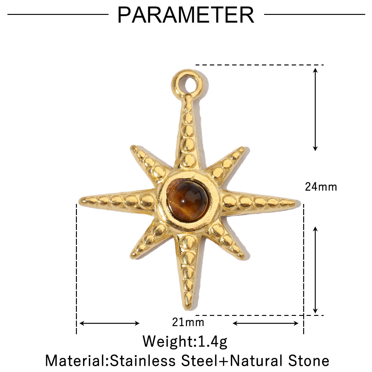 6pcs/pack Sun Star DIY Charms Women's Natural Stone Eye Necklace Pendant Stainless Steel 14K Gold Plated DIY Charm Jewelry