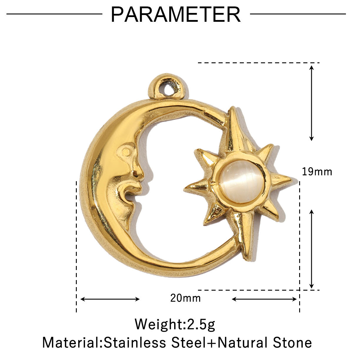 6pcs/pack Sun Star DIY Charms Women's Natural Stone Eye Necklace Pendant Stainless Steel 14K Gold Plated DIY Charm Jewelry