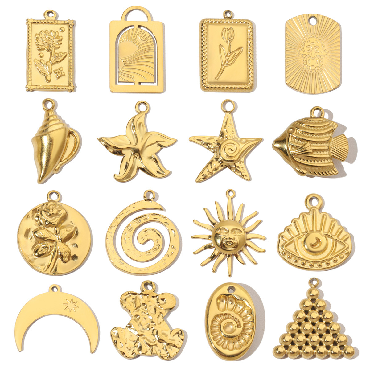 6pcs/pack French Retro Starfish Conch DIY Charms 14K Gold Color Crescent Rose Necklace Pendant For Stainless Steel Jewelry Making