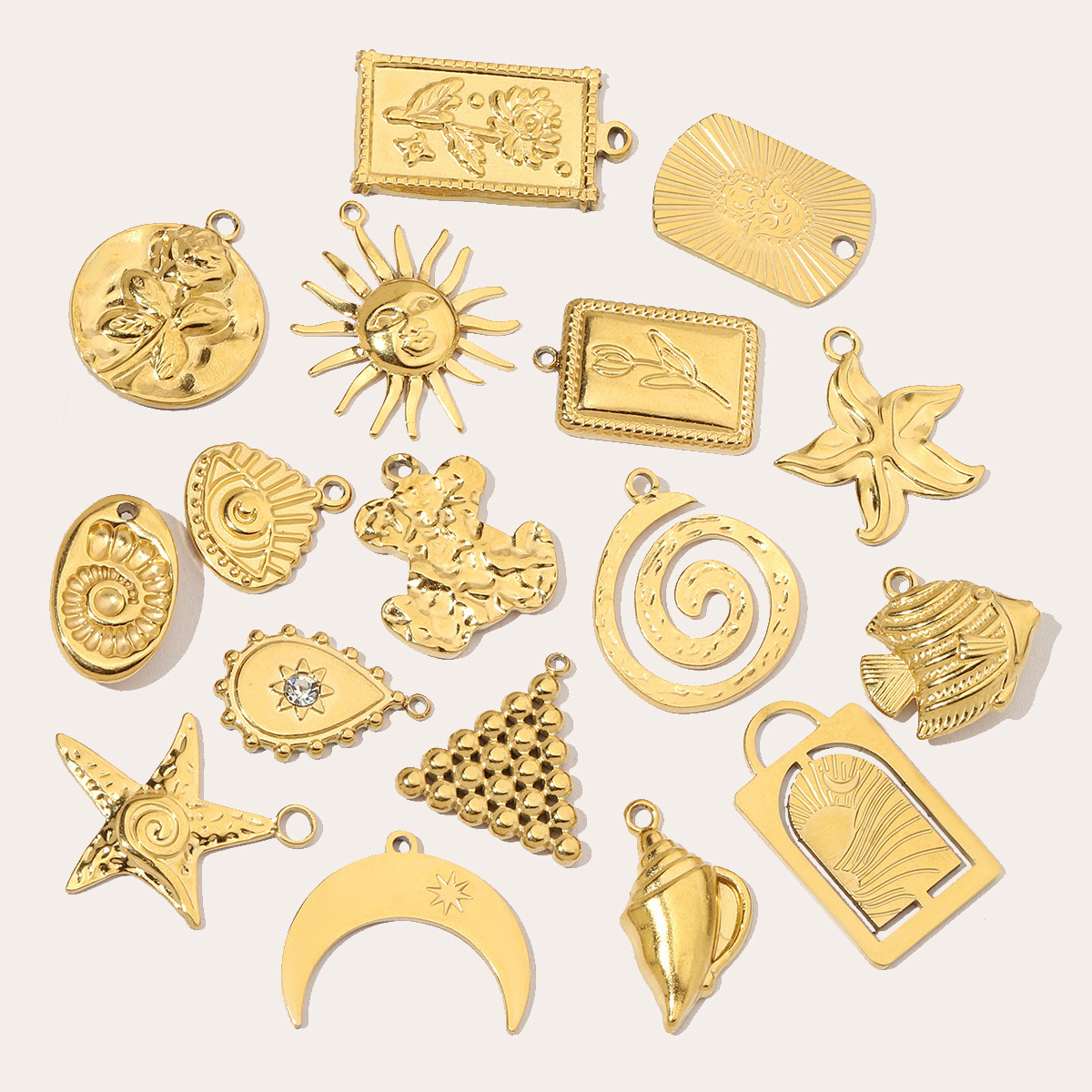 6pcs/pack French Retro Starfish Conch DIY Charms 14K Gold Color Crescent Rose Necklace Pendant For Stainless Steel Jewelry Making