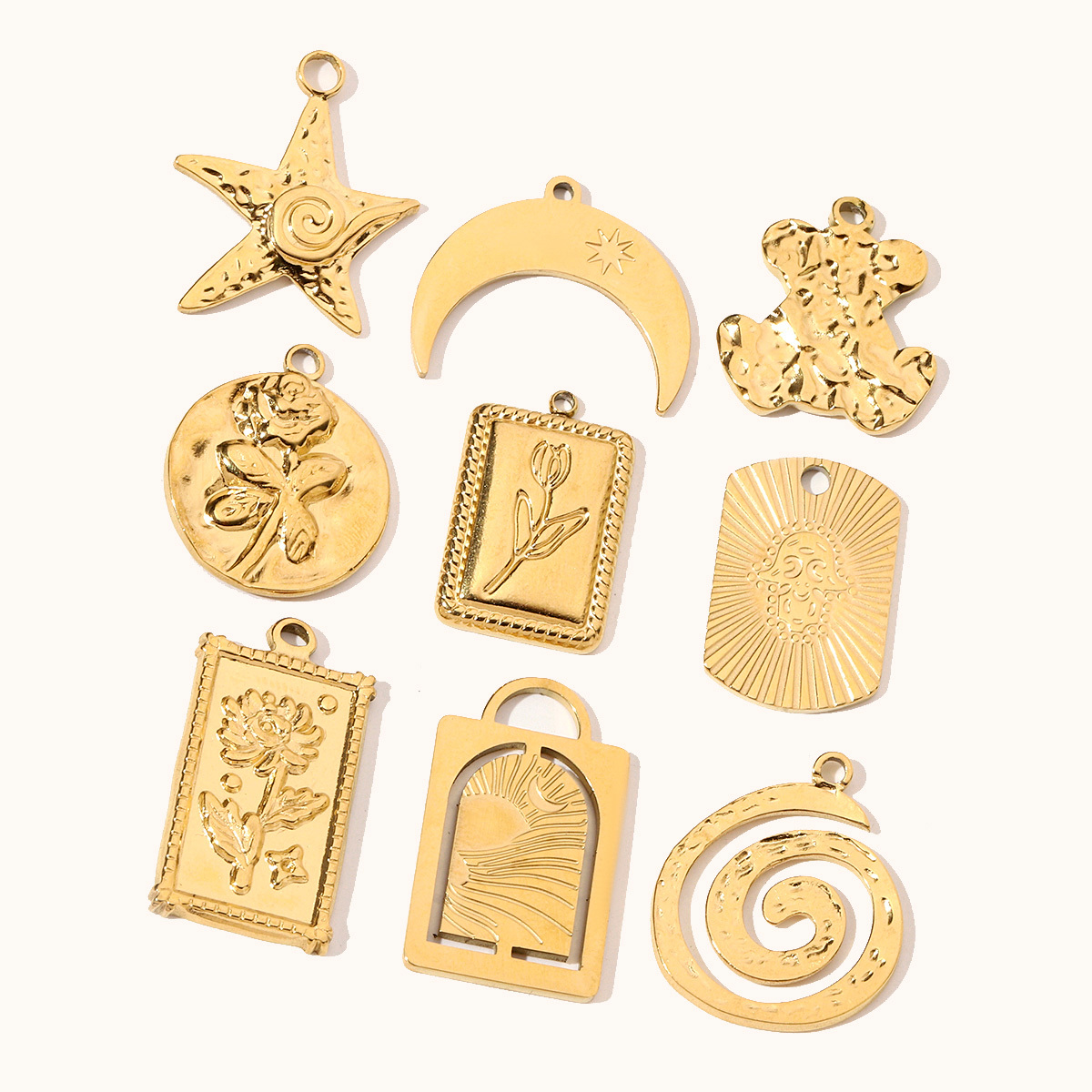 6pcs/pack French Retro Starfish Conch DIY Charms 14K Gold Color Crescent Rose Necklace Pendant For Stainless Steel Jewelry Making