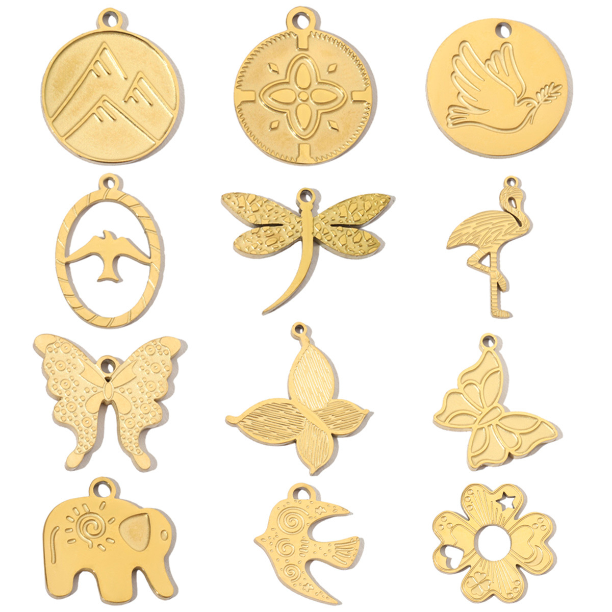 6pcs/pack French Retro Stainless Steel 14K Gold Color Butterfly DIY Charms Mountain Clover Neaclace Flower Flamingo Star Fish Pendant Jewelry