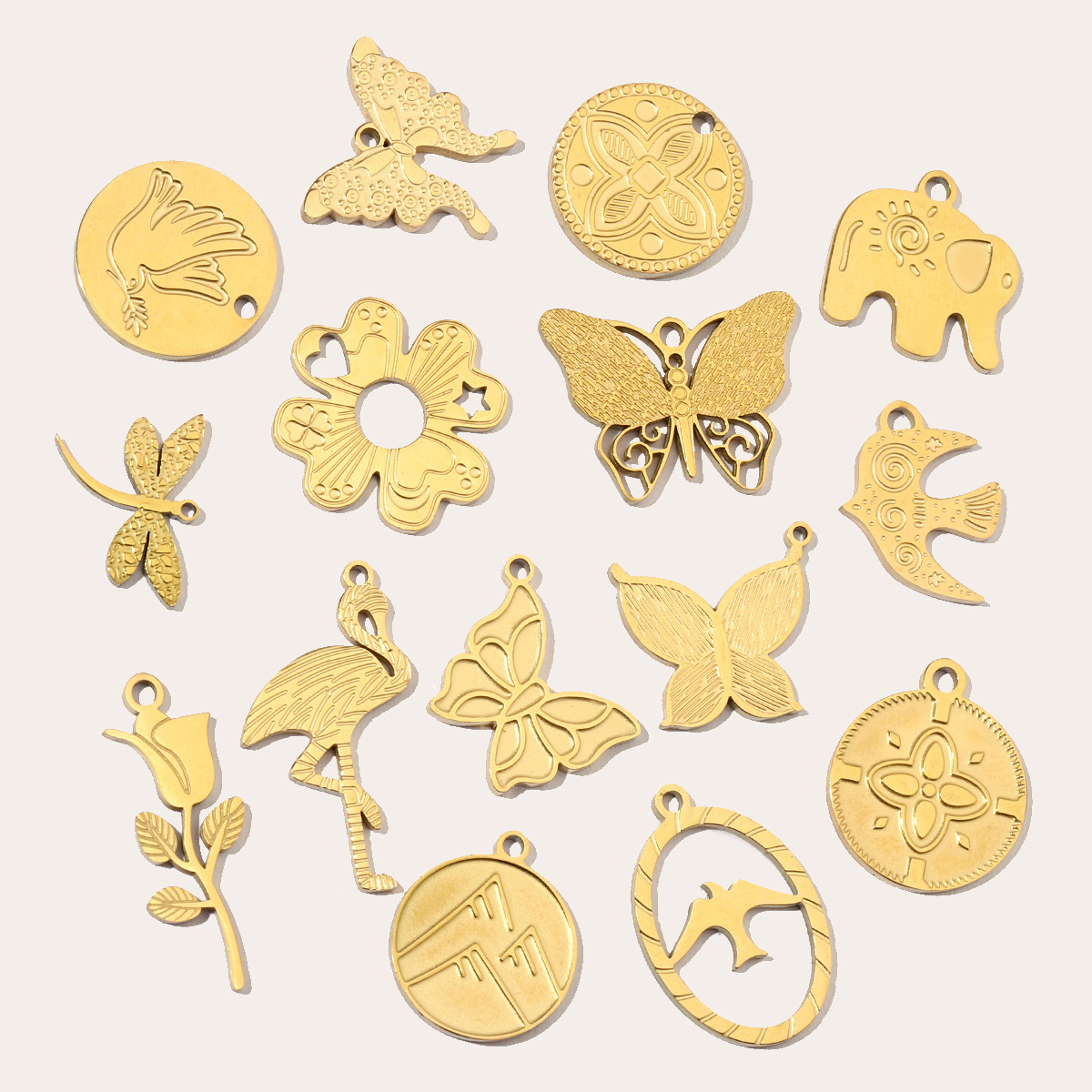 6pcs/pack French Retro Stainless Steel 14K Gold Color Butterfly DIY Charms Mountain Clover Neaclace Flower Flamingo Star Fish Pendant Jewelry
