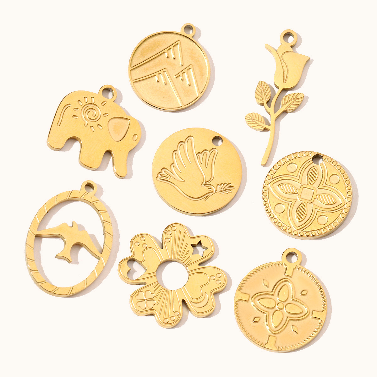 6pcs/pack French Retro Stainless Steel 14K Gold Color Butterfly DIY Charms Mountain Clover Neaclace Flower Flamingo Star Fish Pendant Jewelry