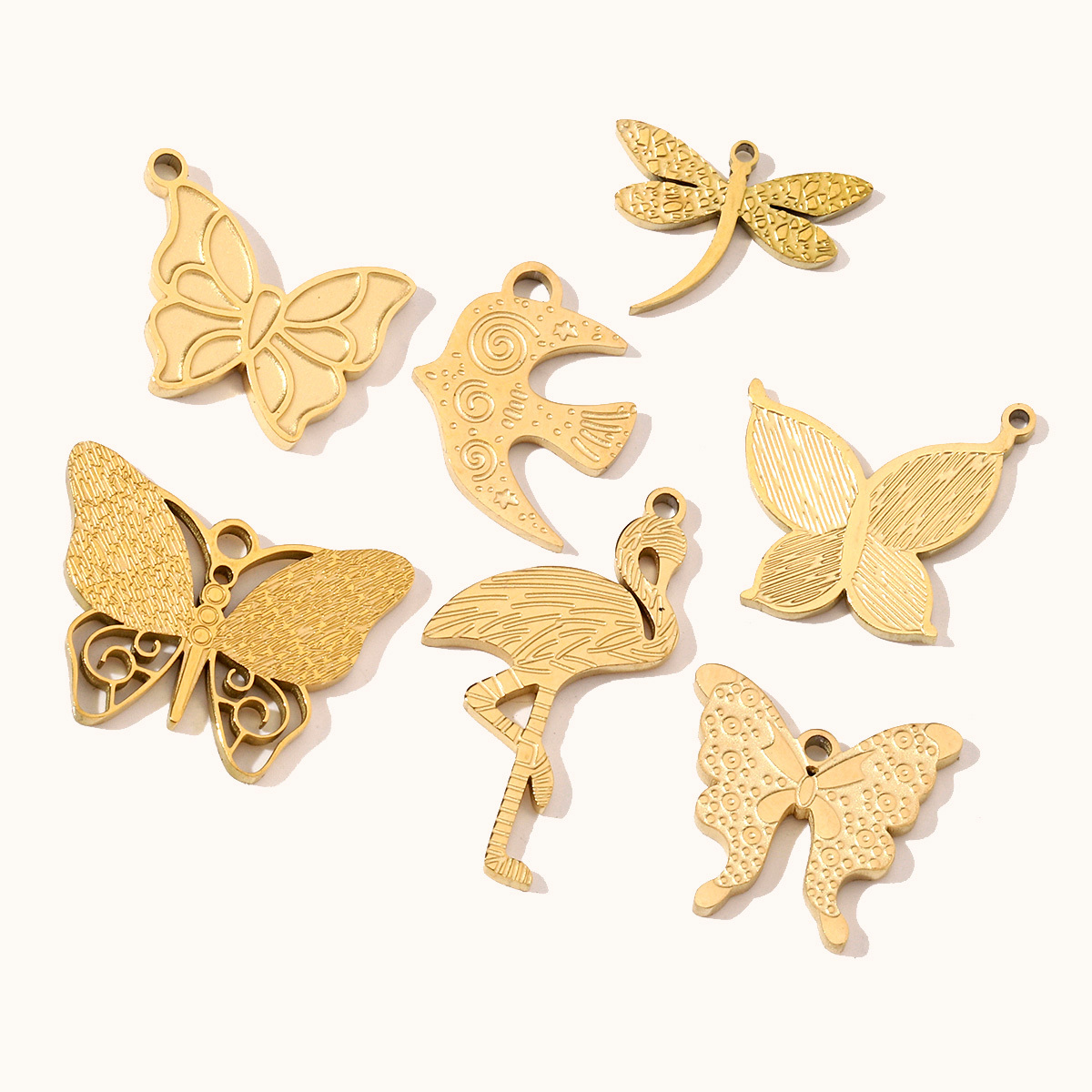 6pcs/pack French Retro Stainless Steel 14K Gold Color Butterfly DIY Charms Mountain Clover Neaclace Flower Flamingo Star Fish Pendant Jewelry