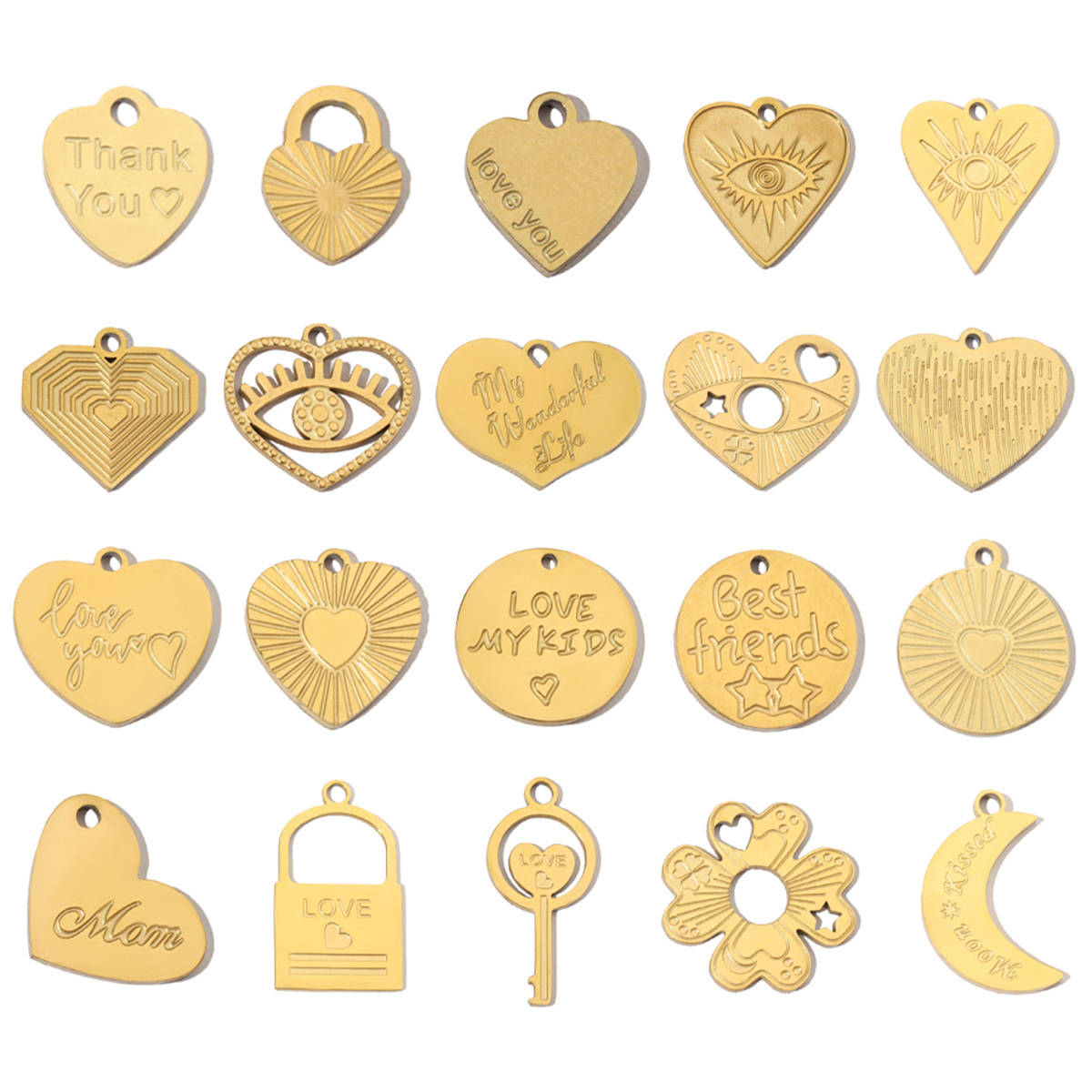 6pcs/pack Stainless Steel 14K Gold Plated Retro Love Mom Heart DIY Charms Lock Eye Neaclace Pendant Female Jewelry Wholesale