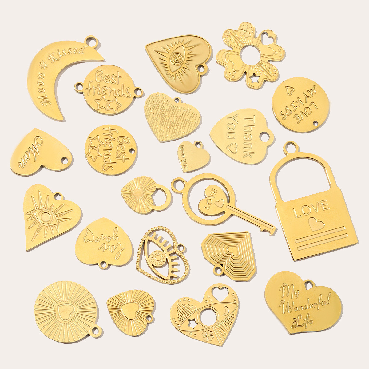 6pcs/pack Stainless Steel 14K Gold Plated Retro Love Mom Heart DIY Charms Lock Eye Neaclace Pendant Female Jewelry Wholesale