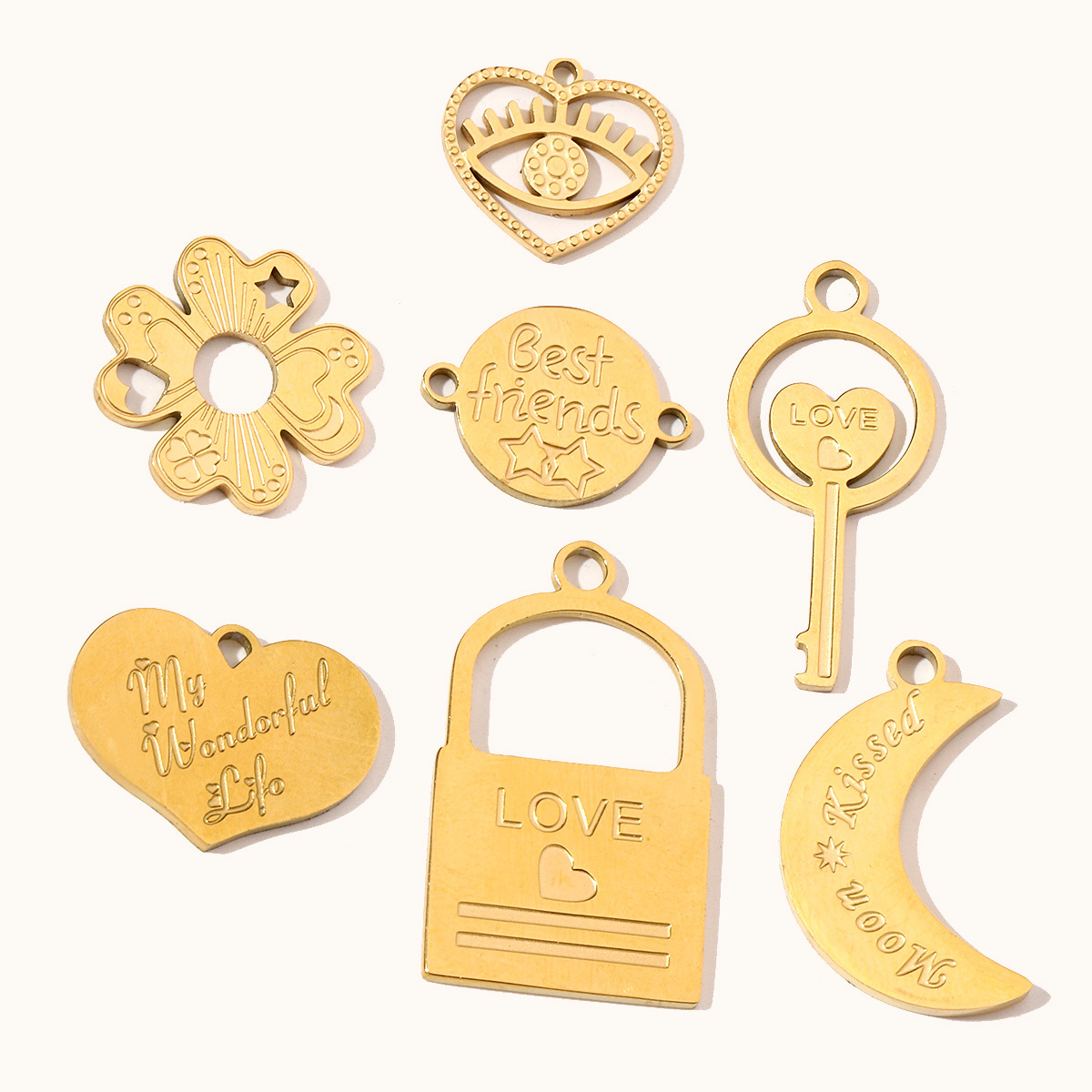 6pcs/pack Stainless Steel 14K Gold Plated Retro Love Mom Heart DIY Charms Lock Eye Neaclace Pendant Female Jewelry Wholesale