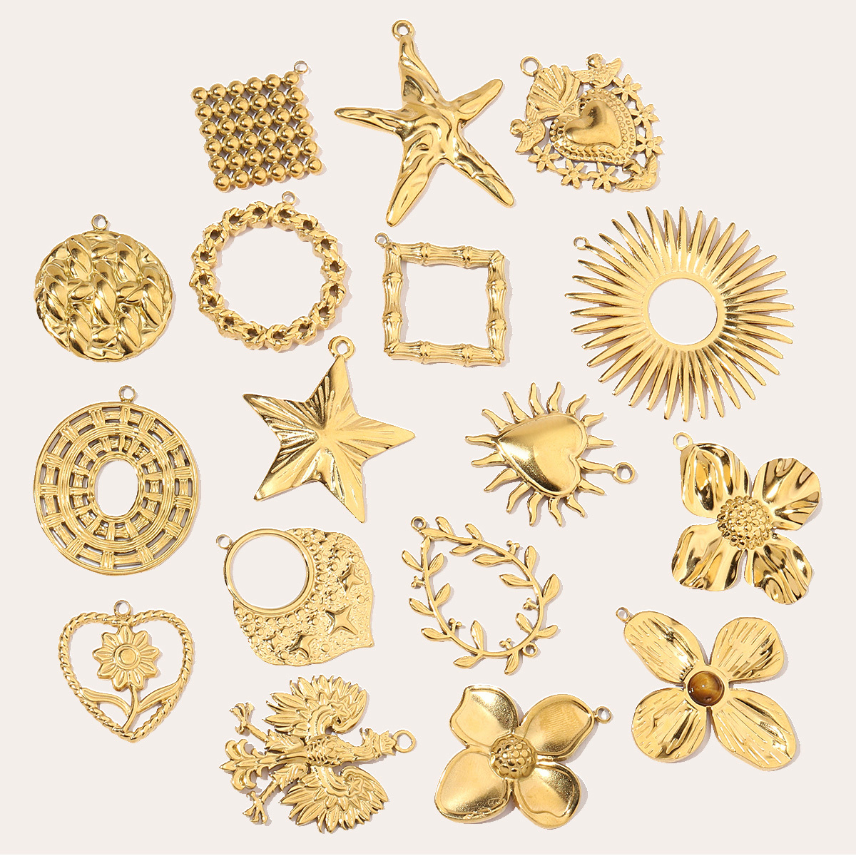 6pcs/pack Retro Wreath Love DIY Charms Clover Pentagram Neaclace Pendant For Women Stainless Steel Gold Plated Jewelry Making