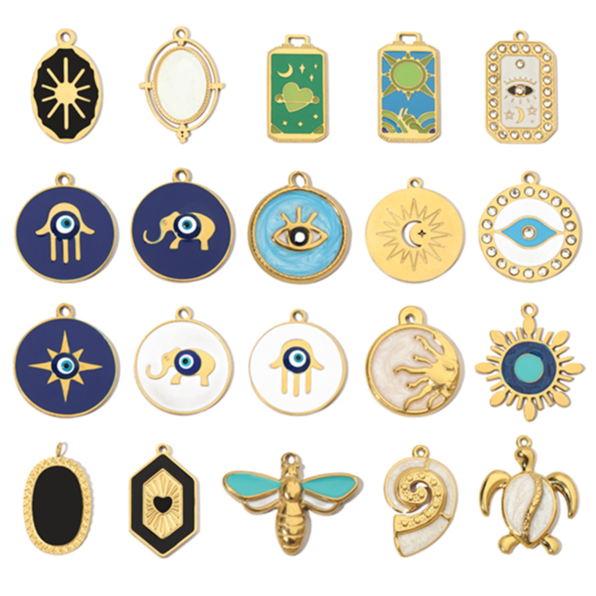 6pcs/pack Enamel Elephant Hamsa Hand Stainless Steel DIY Charms Women Heart Sun Shell Turtle Bee Neaclace Pendant Jewelry Making