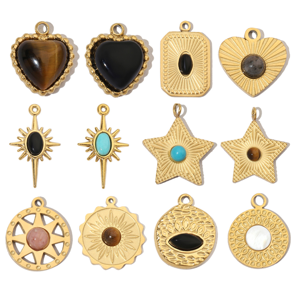 6pcs/pack Retro Nature Stone Clover Star DIY Charms Female Steel Gold Plated Heart Sun Neaclace Pendant Wholesale Jewelry Making