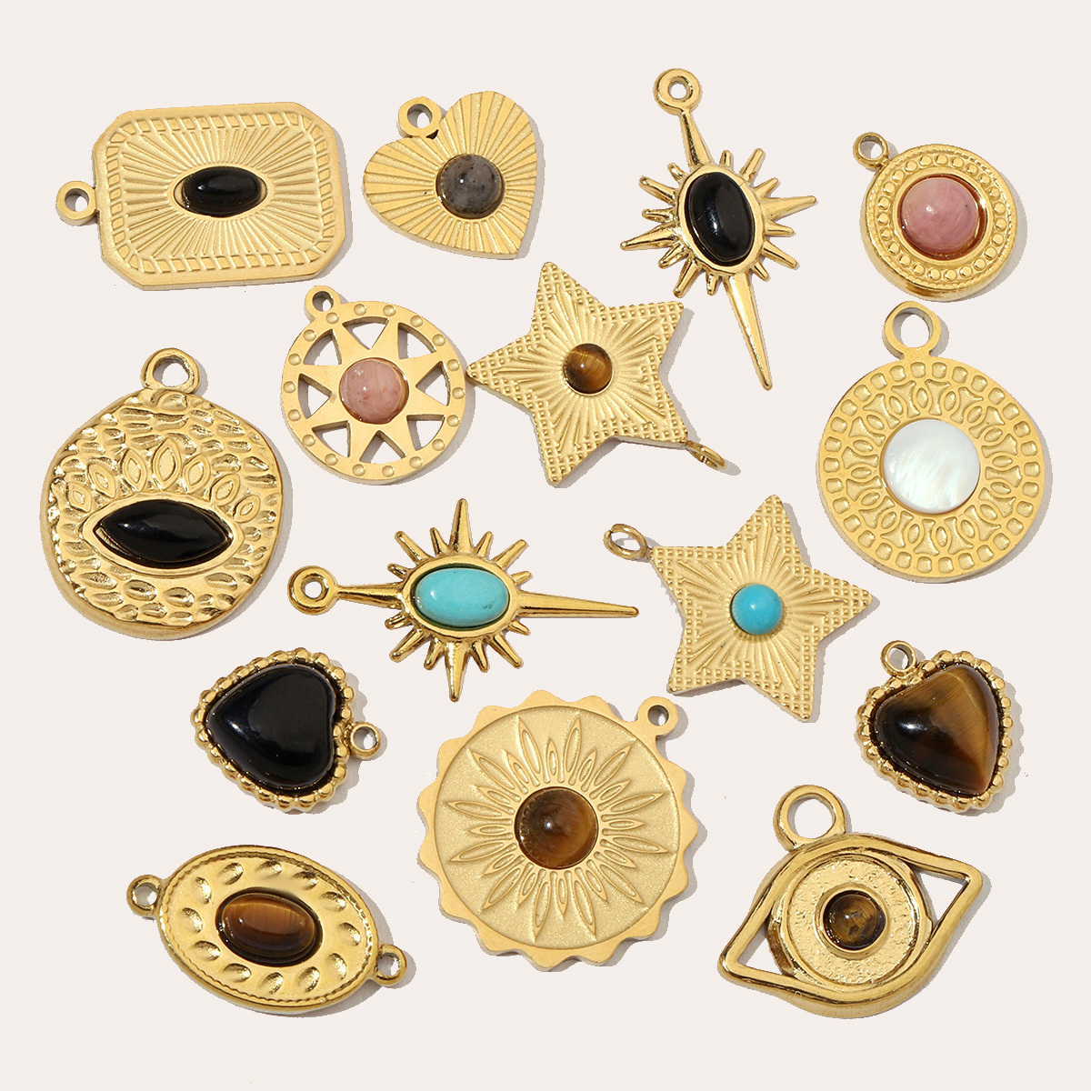 6pcs/pack Retro Nature Stone Clover Star DIY Charms Female Steel Gold Plated Heart Sun Neaclace Pendant Wholesale Jewelry Making