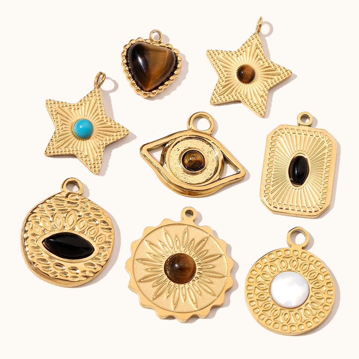 6pcs/pack Retro Nature Stone Clover Star DIY Charms Female Steel Gold Plated Heart Sun Neaclace Pendant Wholesale Jewelry Making
