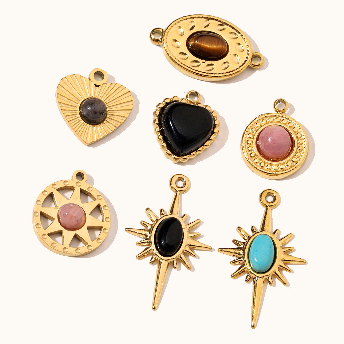 6pcs/pack Retro Nature Stone Clover Star DIY Charms Female Steel Gold Plated Heart Sun Neaclace Pendant Wholesale Jewelry Making