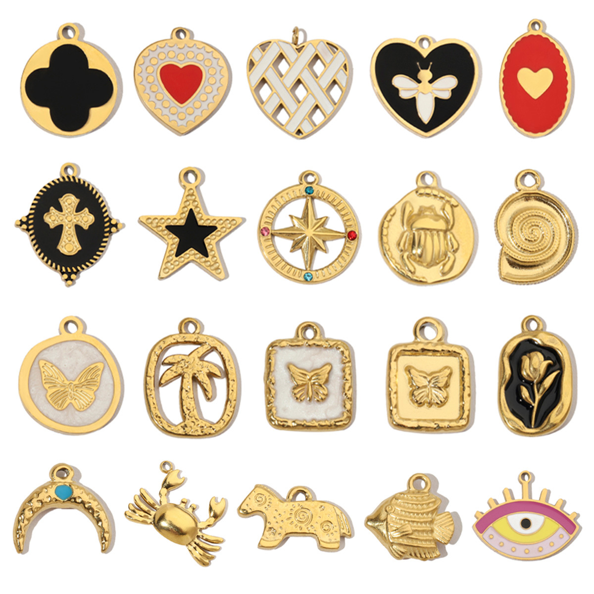 6pcs/pack Enamel Evil Eye Crab Butterfly Dog DIY Charms Women Stainless Steel Gold Plated Palm Tree Snake Neaclace Pendant Wholesale Jewelry Making