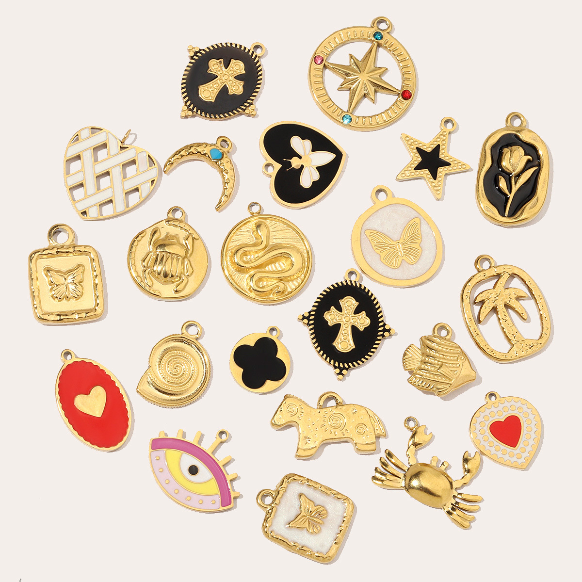 6pcs/pack Enamel Evil Eye Crab Butterfly Dog DIY Charms Women Stainless Steel Gold Plated Palm Tree Snake Neaclace Pendant Wholesale Jewelry Making