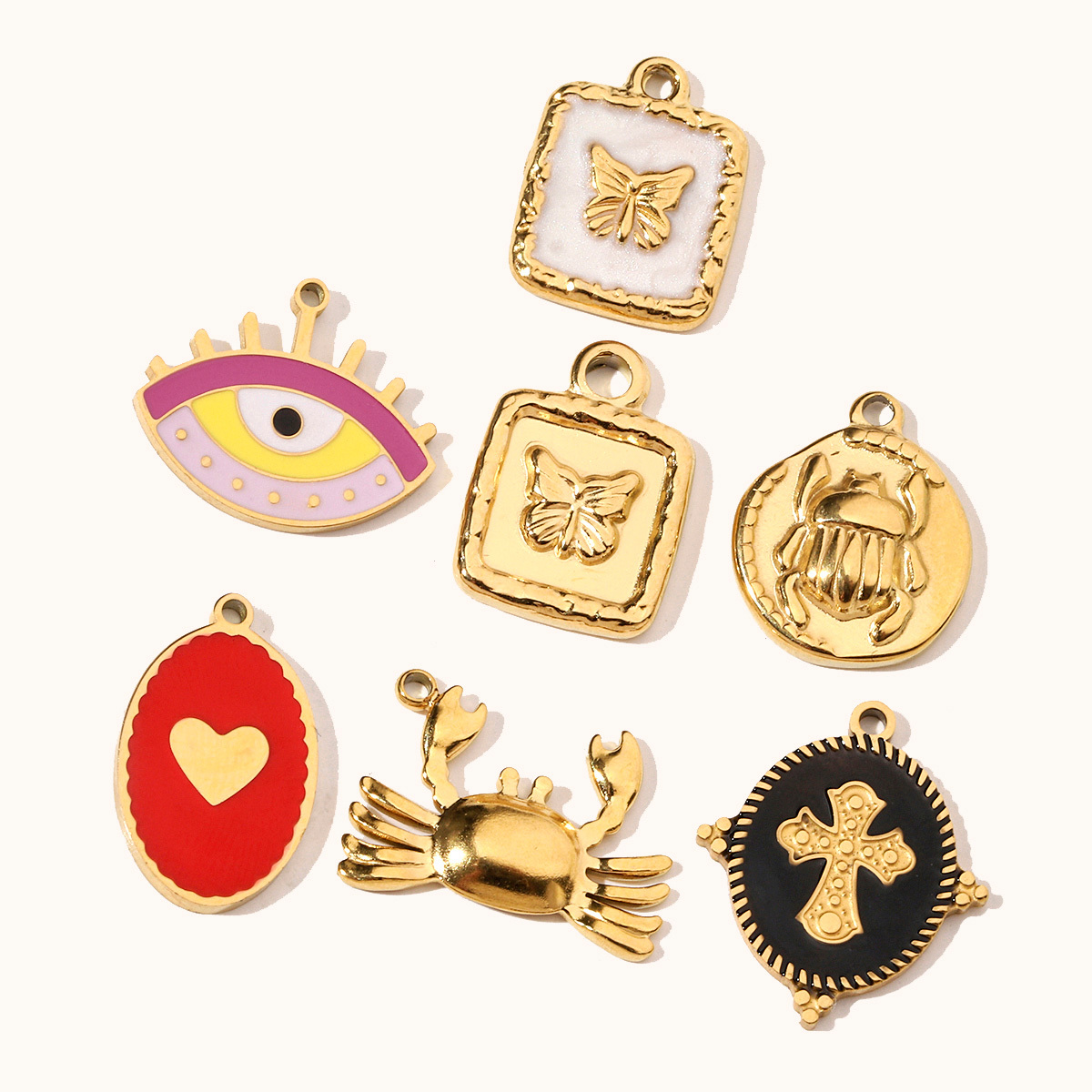 6pcs/pack Enamel Evil Eye Crab Butterfly Dog DIY Charms Women Stainless Steel Gold Plated Palm Tree Snake Neaclace Pendant Wholesale Jewelry Making