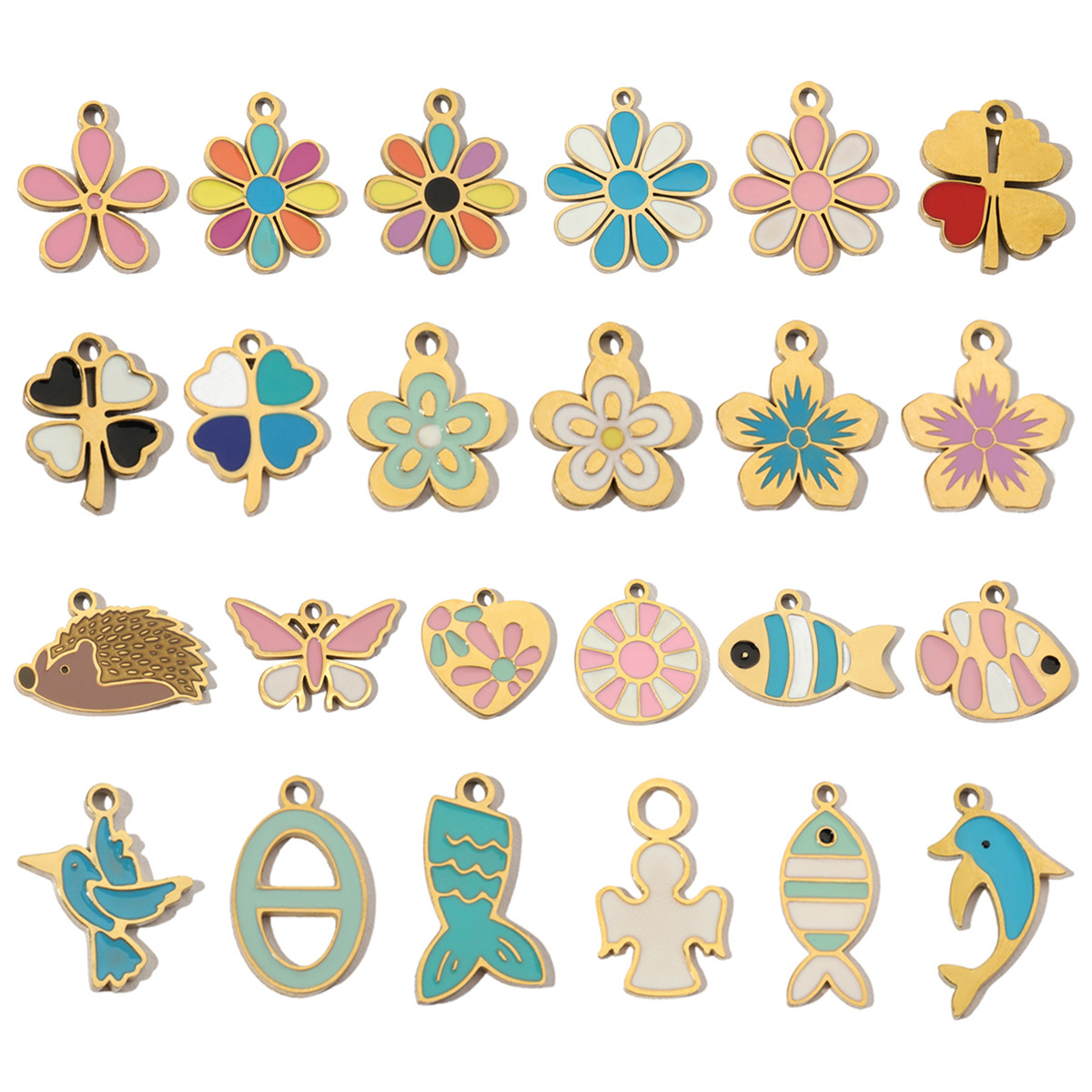 6pcs/pack Colorful Enamel Flower Fish Stainless Steel DIY Charms Angel Dolphin Female Neaclace Pendant Jewelry Wholesale