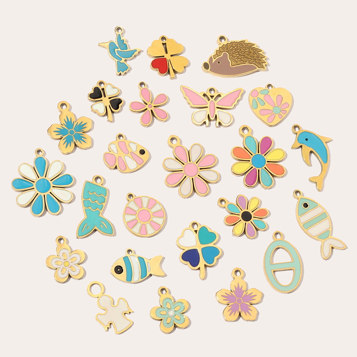 6pcs/pack Colorful Enamel Flower Fish Stainless Steel DIY Charms Angel Dolphin Female Neaclace Pendant Jewelry Wholesale