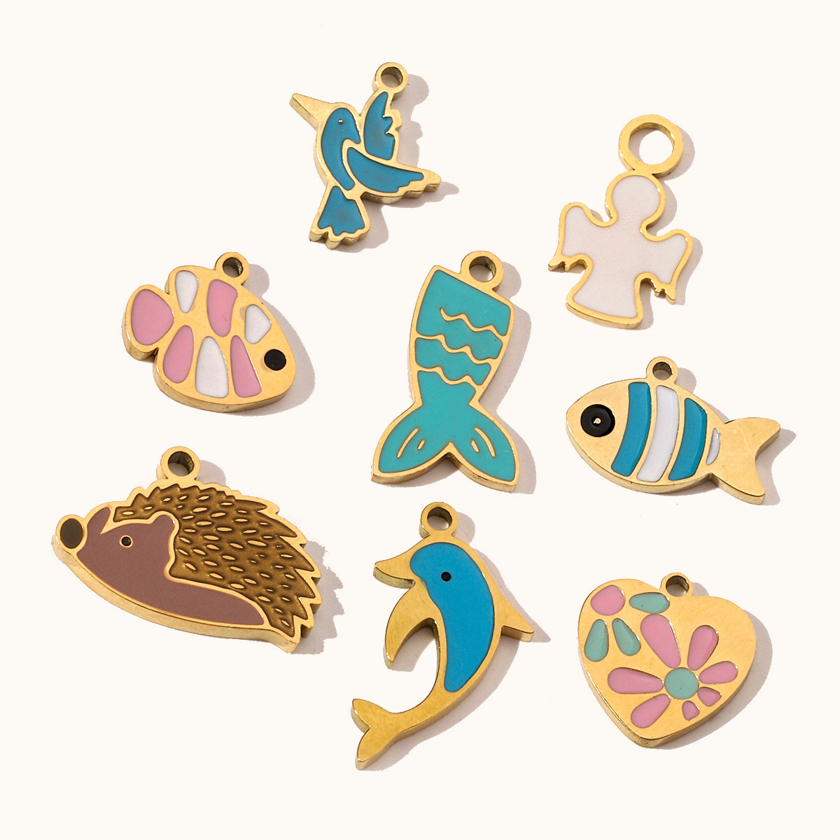 6pcs/pack Colorful Enamel Flower Fish Stainless Steel DIY Charms Angel Dolphin Female Neaclace Pendant Jewelry Wholesale