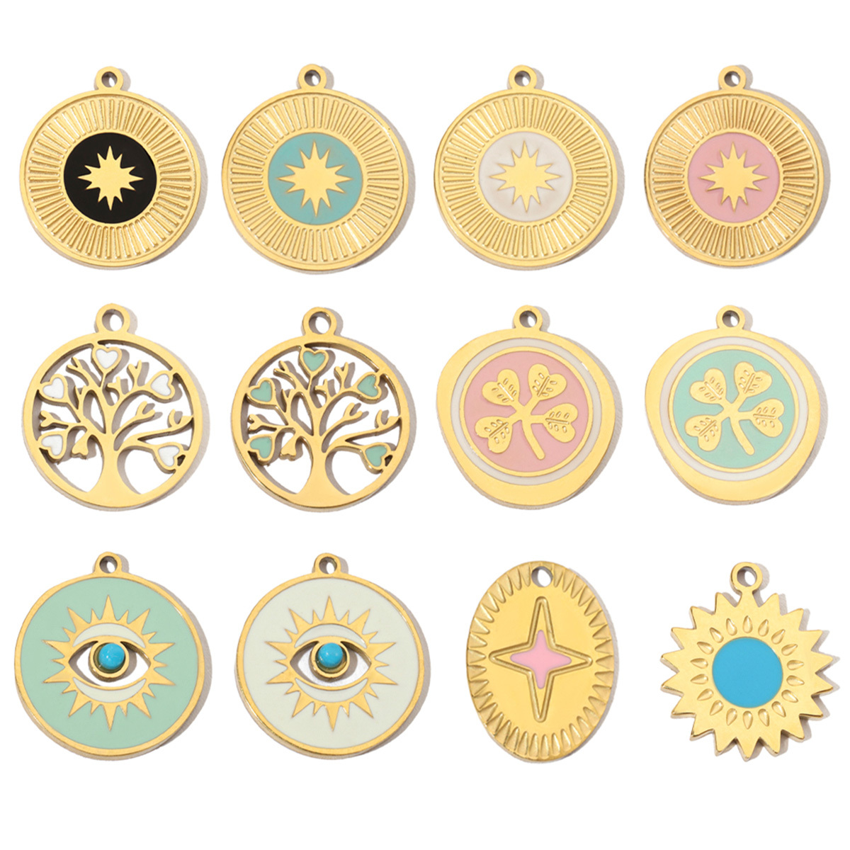 6pcs/pack Stainless Steel 14K Gold Plated Enamel Heart Life Tree DIY Earrings Charms Female Star Eye Neaclace Pendant For Jewelry Making