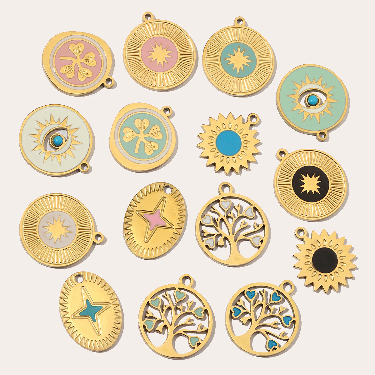 6pcs/pack Stainless Steel 14K Gold Plated Enamel Heart Life Tree DIY Earrings Charms Female Star Eye Neaclace Pendant For Jewelry Making