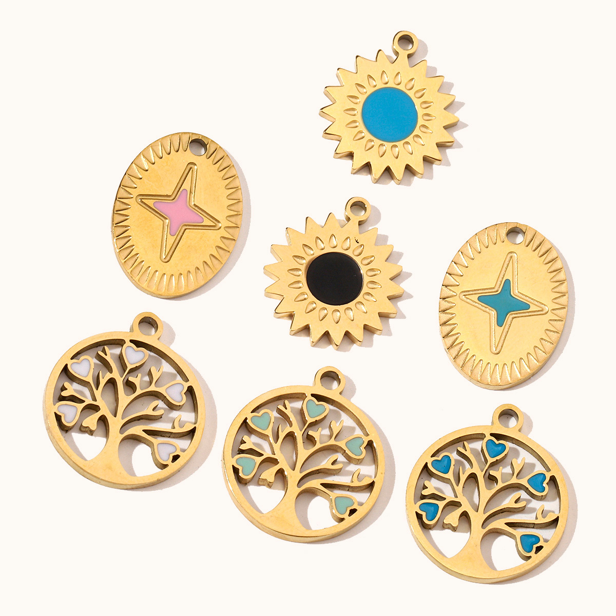 6pcs/pack Stainless Steel 14K Gold Plated Enamel Heart Life Tree DIY Earrings Charms Female Star Eye Neaclace Pendant For Jewelry Making