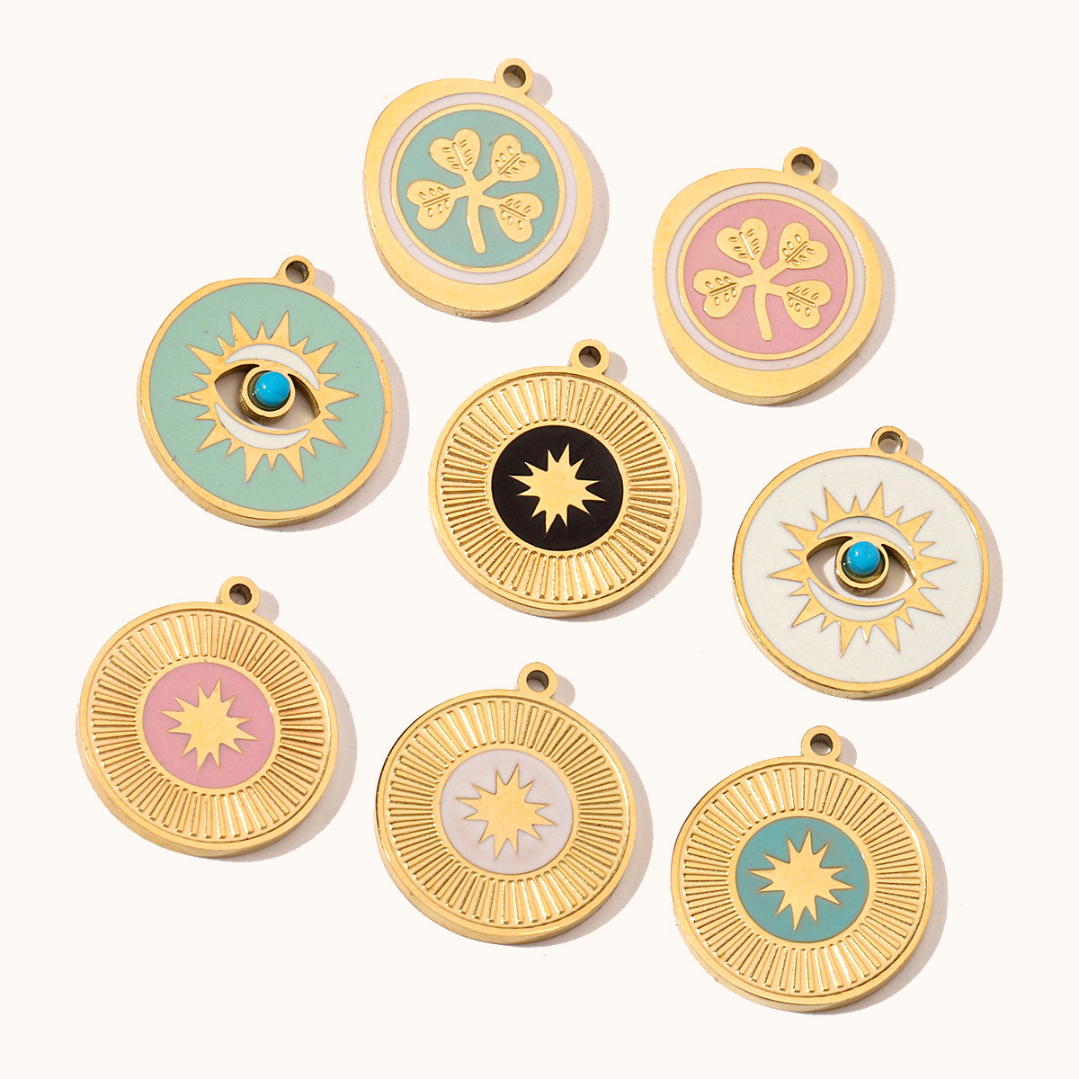 6pcs/pack Stainless Steel 14K Gold Plated Enamel Heart Life Tree DIY Earrings Charms Female Star Eye Neaclace Pendant For Jewelry Making