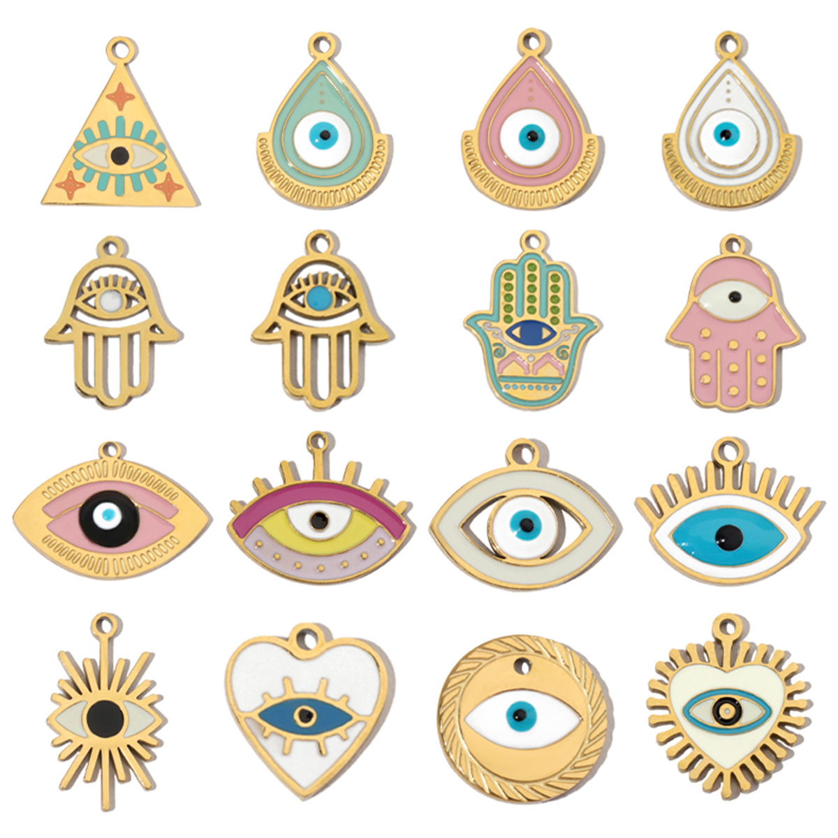 6pcs/pack Enamel Religious Hamsa Hand DIY Charms Heart Eye Neaclace Pendant Women Stainless Steel Waterdrop Earrings Making Jewelry