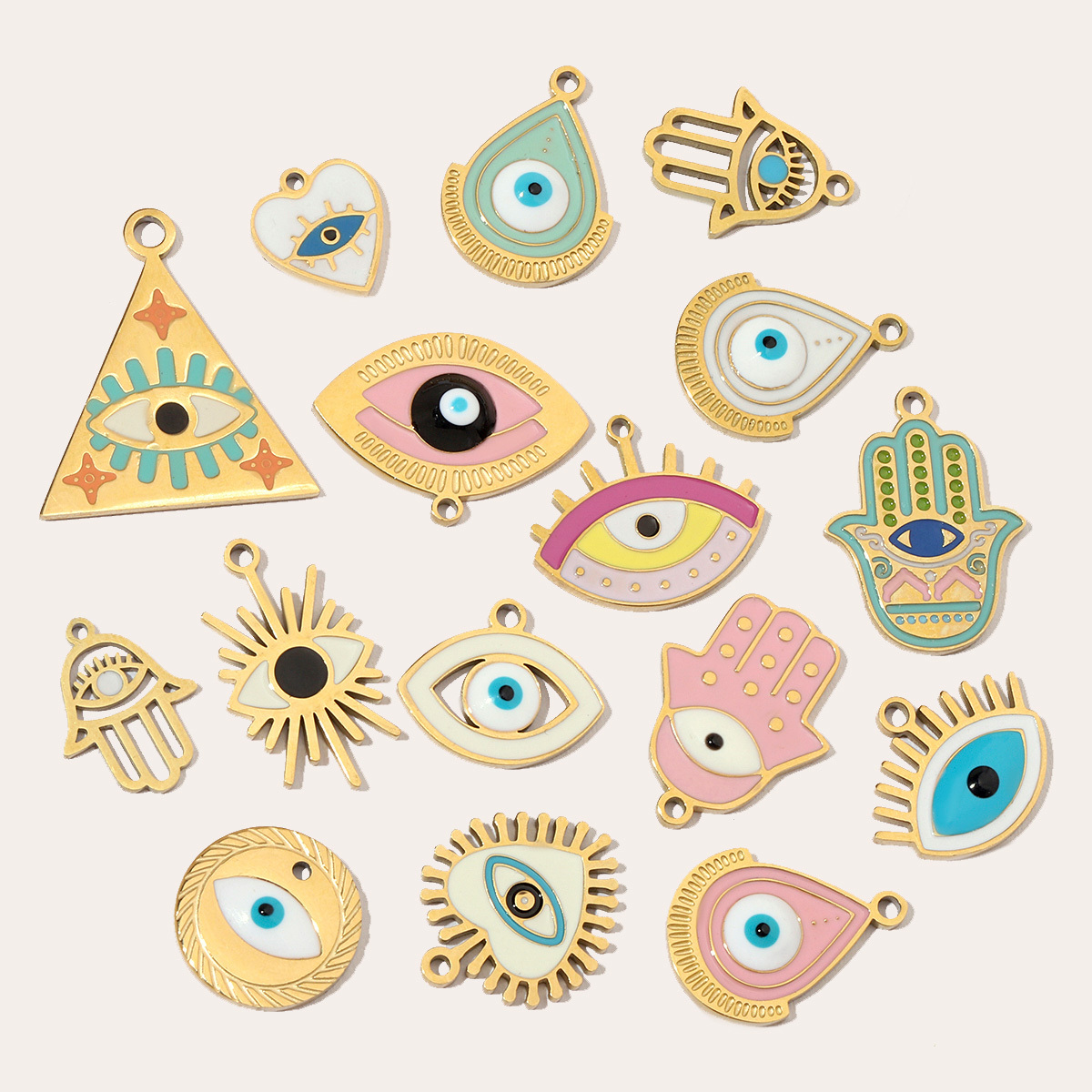 6pcs/pack Enamel Religious Hamsa Hand DIY Charms Heart Eye Neaclace Pendant Women Stainless Steel Waterdrop Earrings Making Jewelry