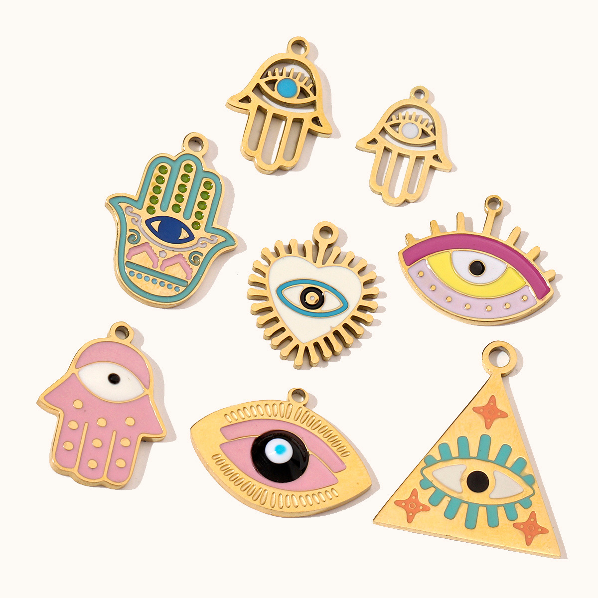6pcs/pack Enamel Religious Hamsa Hand DIY Charms Heart Eye Neaclace Pendant Women Stainless Steel Waterdrop Earrings Making Jewelry
