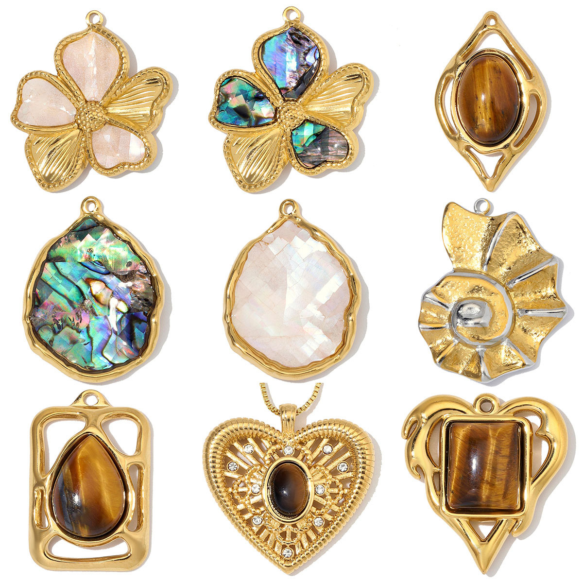 6pcs/Lot Stainless Steel Shell Waterdrop DIY Charms Natural Stone Heart Flower Suqare Necklace Pendant Woman Two Tone Conch Jewelry
