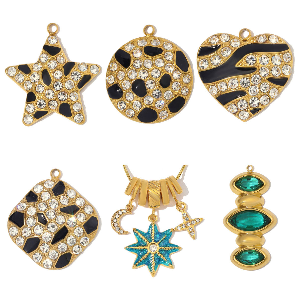 6pcs/Lot Stainless Steel Rhinestone Enamel Disc Square Heart DIY Charms Crescent Moon Star Necklace Pendants Eye Jewelry Wholesale